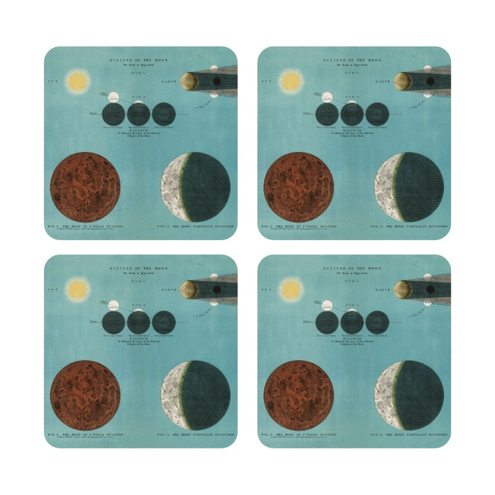 4 coasters in a 2x2 grid. Coasters have blue background and show illustration of moon eclipse with the sun, and 5 different moon pictures in different stages of shadow.