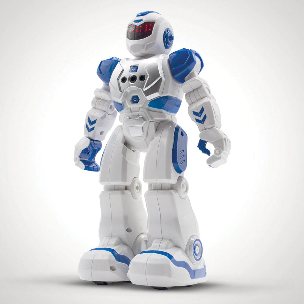 Robot has human body shape and is white with blue accents. The face is a black screen with red lights.
