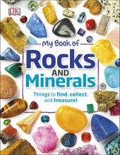 Load image into Gallery viewer, Book cover shows rocks and minerals on a white surface spread around the title &quot;My book of rocks and minerals, Things to find, collect and treasure!&quot; The top left has the DK brand image.
