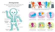 Load image into Gallery viewer, Inside spread shows skeleton and main bones of the body, other page shows how joints help you move. 
