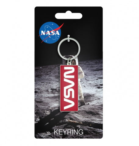 Red logo keyring on a card backing. On red backing NASA is written in white letters.