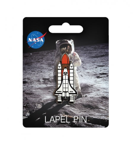 Pin badge on card backing is white shuttle attached to orange and white rocket. Card shows image of an astronaut on the moon with 'lapel pin' written below. NASA logo is in top left.