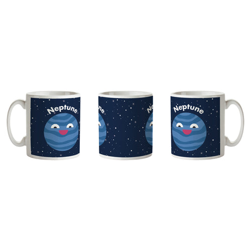 Mug is white with black background, white stars and smiling Neptune with 'Neptune' written to the right.