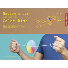 Load image into Gallery viewer, Packaging is brown kraft with photo of hands (a white man) spinning a colourful disc on string. Box reads &quot;Newton&#39;s Lab, Make Your Own Colour Disc, Learn about Newton&#39;s discovers [sic] about the principles of light and color mixing. Discover the world of physics whilte playing.&quot; An illustration shows how hand movements make the disc spin. Brand name is Kikkerland.
