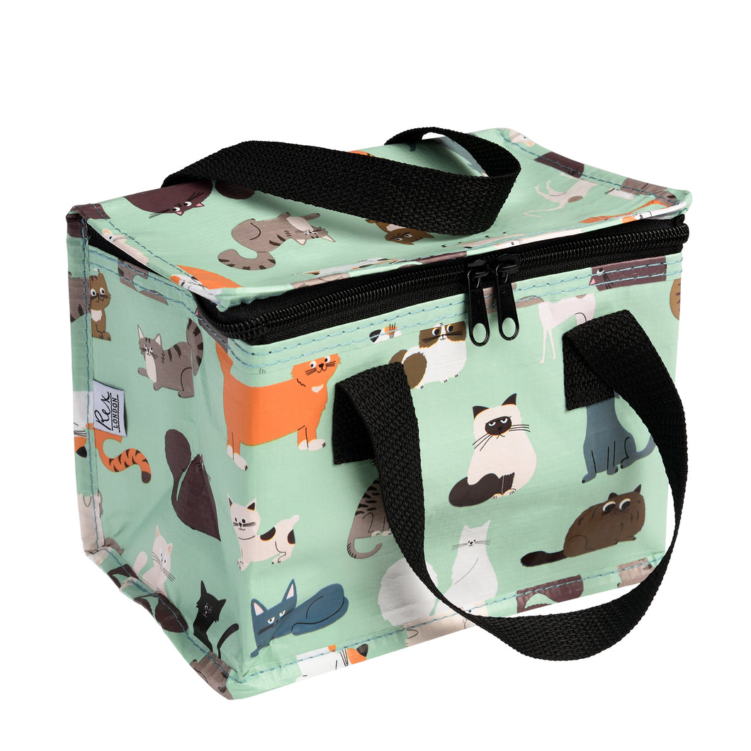Green lunch bag with illustrations of cats. Zipper and handles are black.