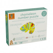 Load image into Gallery viewer, back of chameleon box shows chameleon puzzle, showcases some features of the puzzle (bright colours, chunky pieces, learning numbers, stimulating motor skills).
