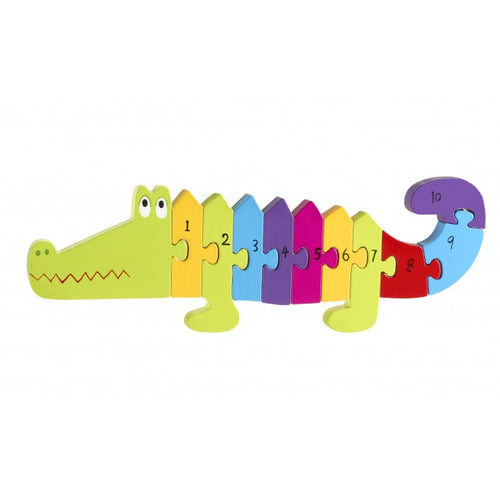 Crocodile puzzle has 11 sections. Head is green and unnumbered, but after this section all others are numbered from 1-10. Colours of the puzzle are green, yellow, blue, purple, pink and red.