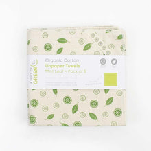Load image into Gallery viewer, Towels within packaging. Packaging reads &quot;organic cotton unpaper towels, mint leaf- pack of 5&quot;. Brand is &quot;A Slice of Green&quot; 
