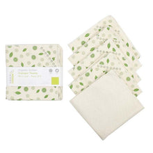 Load image into Gallery viewer, Packaged unpaper towels with a white belly band. On the right, 5 towels are stacked. On one side a mint leaf design, on the other, the cloth is plain. 
