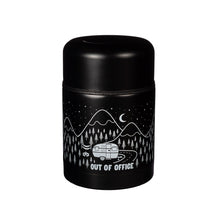 Load image into Gallery viewer, Black flask has white illustrated design of a camper van parked in a forest with mountains in the background and stars and a moon in the sky. Underneath the design &quot;out of office&quot; is written in white capital letters.
