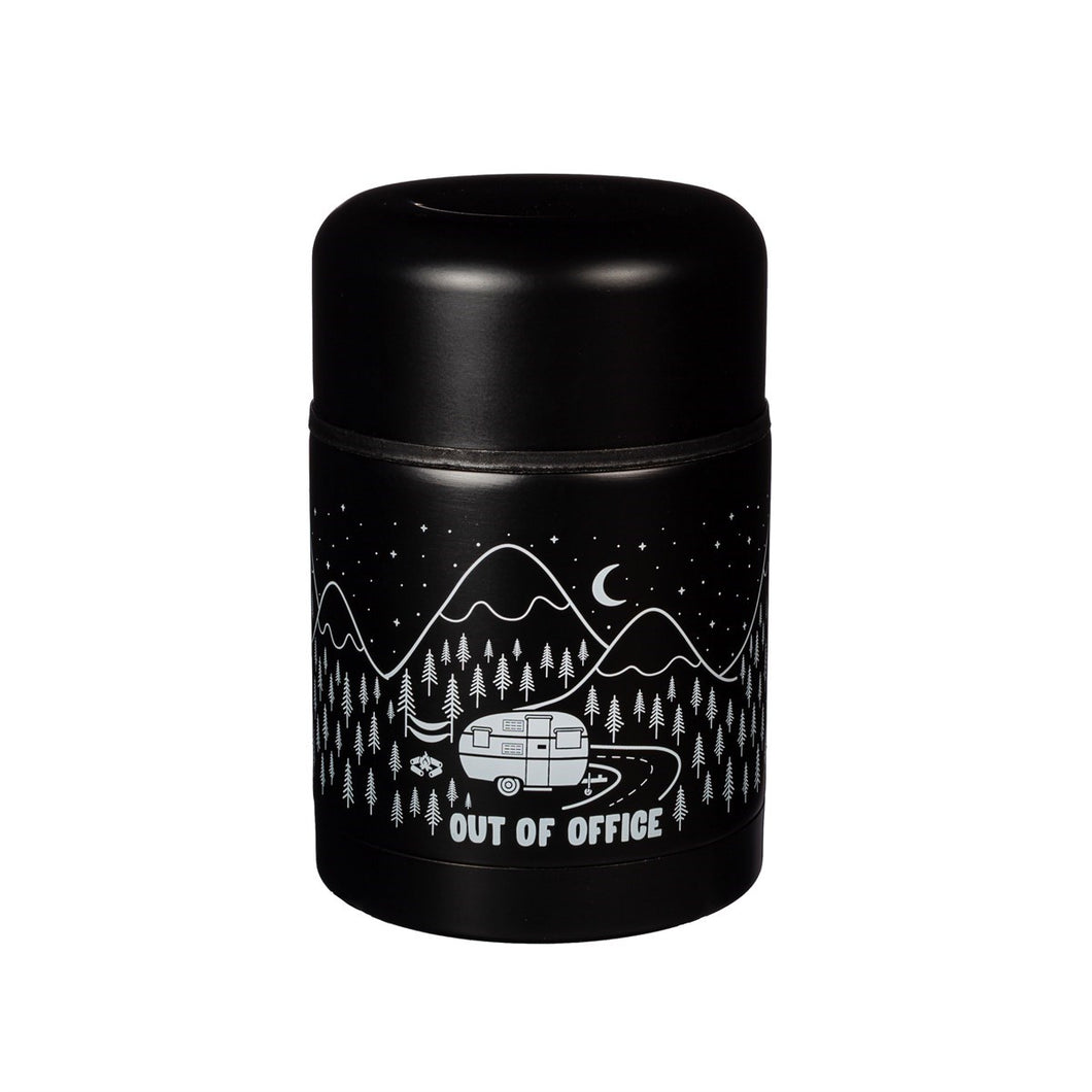 Black flask has white illustrated design of a camper van parked in a forest with mountains in the background and stars and a moon in the sky. Underneath the design 
