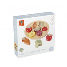 Load image into Gallery viewer, Packaging is grey and white box with image of veggies puzzle. Box reads &quot;Happy veggies puzzle, 1-4 years, 7 pieces&quot; and shows Orange Tree Toys logo.
