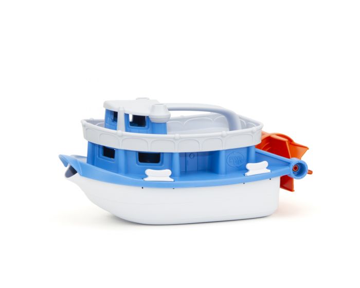 White and blue paddle boat with orange wheel at the back. 