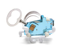 Load image into Gallery viewer, blue wind-up pea toy with white boots. 

