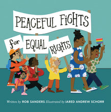 Load image into Gallery viewer, Book cover shows illustrations of a group of children (1 Black girl, 2 Black boys, 2 medium-skinned girls - one wearing headscarf -, and one white boy) holding signs with the book title. Background is blue.
