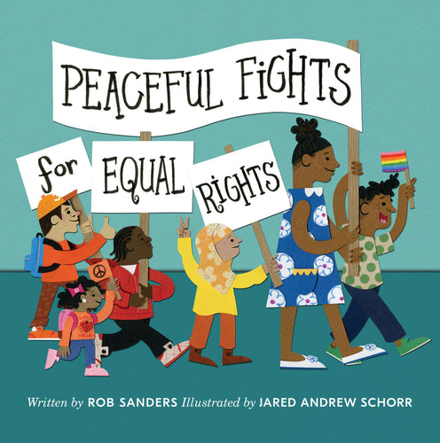 Book cover shows illustrations of a group of children (1 Black girl, 2 Black boys, 2 medium-skinned girls - one wearing headscarf -, and one white boy) holding signs with the book title. Background is blue.