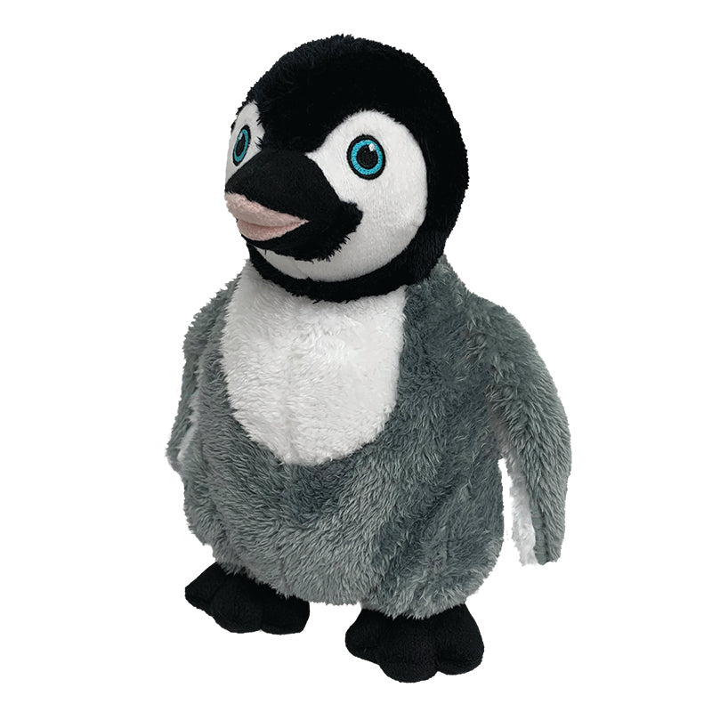 Penguin standing. Mostly grey colour with white chest, black head and feet. Face is mostly white with black framing. Eyes are light green or blue.