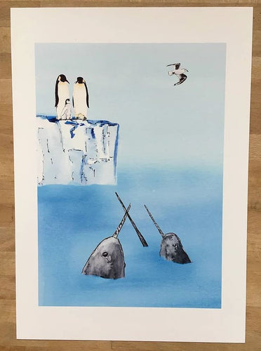 Watercolour print with white border. Illustration shows 3 penguins (one a baby) standing on ice, looking into the water where 3 narwhals poke out. A seagull flies over in the top right.