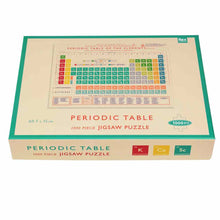 Load image into Gallery viewer, Puzzle box is beige with photo of completed puzzle. Box reads &quot;Periodic Table 1000 piece jigsaw puzzle&quot; and has measurements 68.5 x 51 cm. A symbol in the bottom right shows a puzzle piece and &quot;1000 pcs&quot;. Brand name Rex London in top right.

