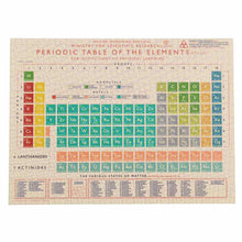 Load image into Gallery viewer, Completed puzzle has beige bckground, colourful squares of elements in 10 colourful sections. The bottom shows &quot;The various states of matter&quot; and the top shows &quot;non metals&quot; vs &quot;metals&quot;. The title reads &quot;Brish Governing Body of the Ministry for Scientific Research Periodic Table of the Elements for Institutions of Empircal Learning&quot;.
