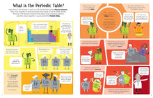 Load image into Gallery viewer, Pages 1-2 have the title &quot;what is the periodic table?&quot; In comic book strip style, Dmitri Mendeleev (a white man) and anthropomorphic elements explain the periodic table and give facts about elements.
