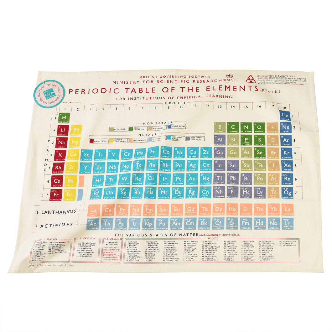 Off-white tea towel shows the entire Periodic Table of the Elements including a list below of 