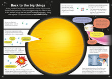 Load image into Gallery viewer, Pages 72-73 titled &#39;back to the big things&#39; with a large illustration of the sun, and description of nuclear fusion. A medium-skinned woman in a lab coat shows a fusion reactor.
