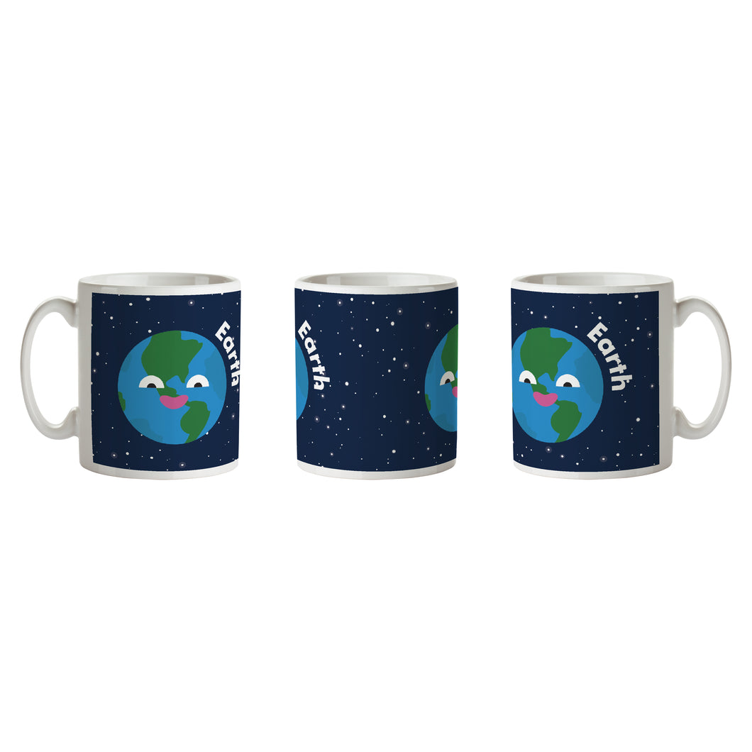 Planet Earth Mug is white with black background, white stars and smiling earth with 'Earth' written to the right.