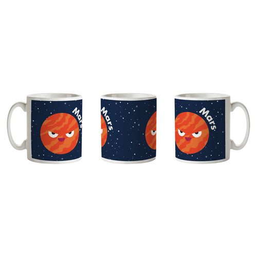 Mug is white with black background, white stars and evilly-smiling Mars with 'Mars' written to the right.