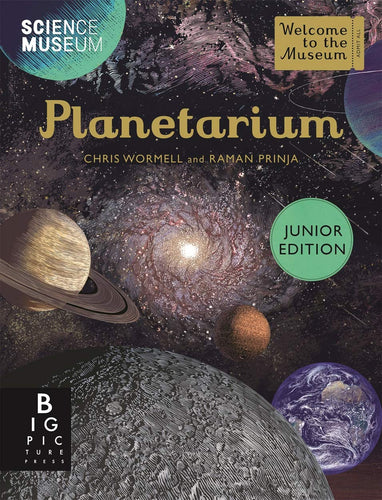 Book cover shows illustrations of planets, moons, galaxies and stars. The top left reads 