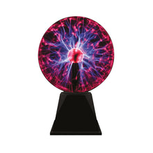 Load image into Gallery viewer, Plasma ball globe sits atop a black stand. Light from the ball is pink, purple and blue. 
