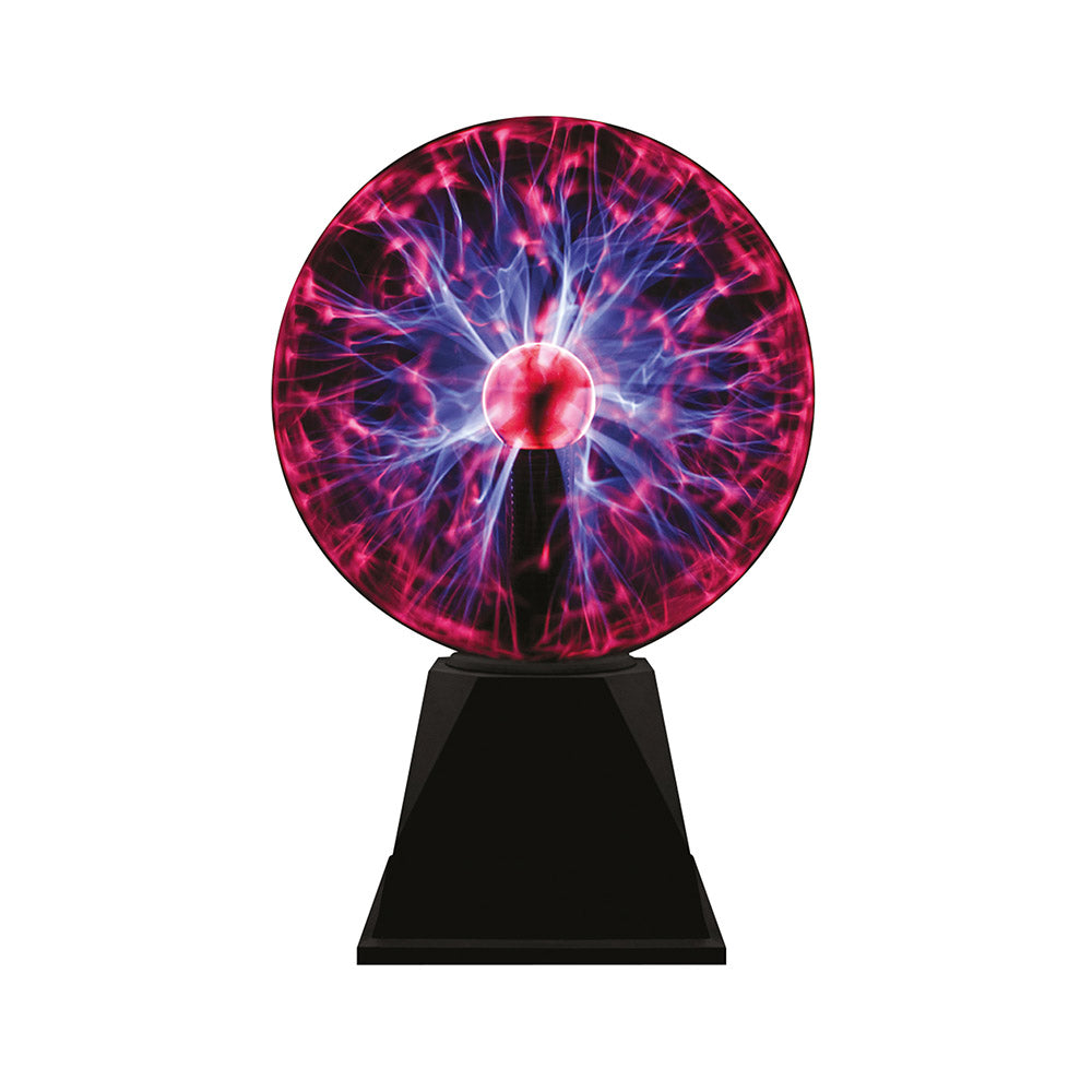 Plasma ball globe sits atop a black stand. Light from the ball is pink, purple and blue. 