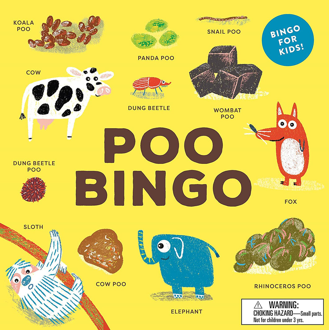 Poo Bingo box is yellow with colourful drawings of animals and poo