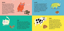 Load image into Gallery viewer, another spread from the informational booklet, focusing on Bears, cats, civets and cows.
