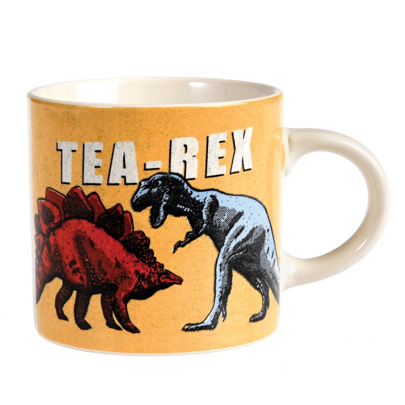 Yellow mug with white capital letters reading 'Tea-rex'. Two illustrated dinosaurs face-off, a red stegosaurus and a blue t-rex. The handle and inside are white. 