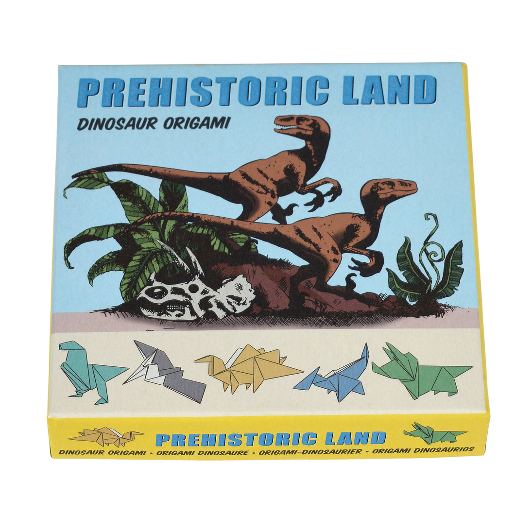 Prehistoric Land dinosaur origami packaging shows two velociraptors and illustrations of 5 different paper dinosaurs.