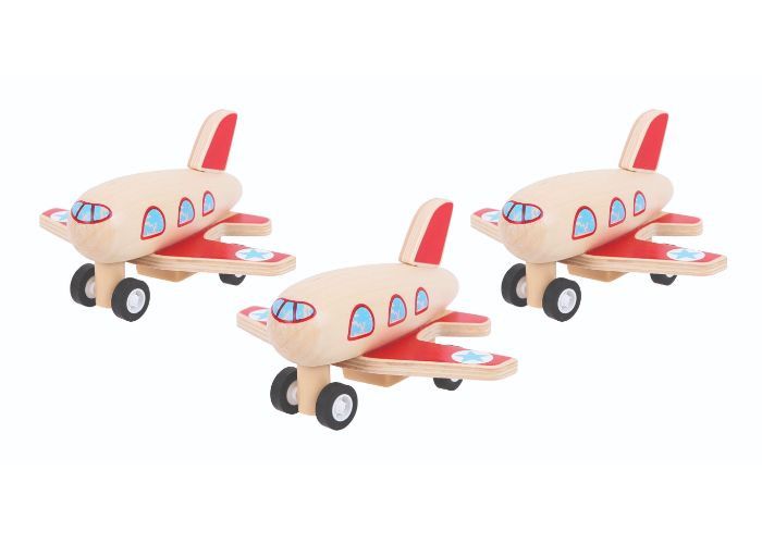 Three wooden planes with blue windows, red wings and black rubber wheels.