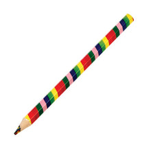 Load image into Gallery viewer, Pencil has red, yellow, green, pink and blue stripes. Point of the pencil is a mix of colours. 
