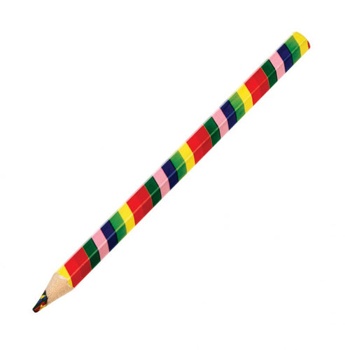 Pencil has red, yellow, green, pink and blue stripes. Point of the pencil is a mix of colours. 
