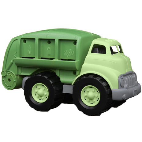 Side view of green recycling truck with two shades of green, grey detailing and black wheels. 3 separate sections for recyclables have symbols for plastic, cans and paper. 