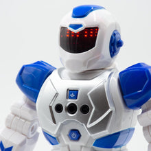 Load image into Gallery viewer, Close up of robot&#39;s torso and face. On the torso are 3 black dots and two blue buttons. One shows a power symbol and the other shows a square with a line through it.
