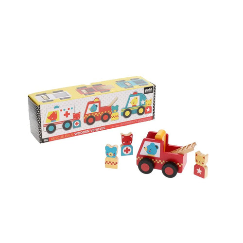 Wooden box with pictures of 3 emergency vehicles with little cat and bear figures. Next to the box is a wooden fire engine with ladder and three little animal figures.