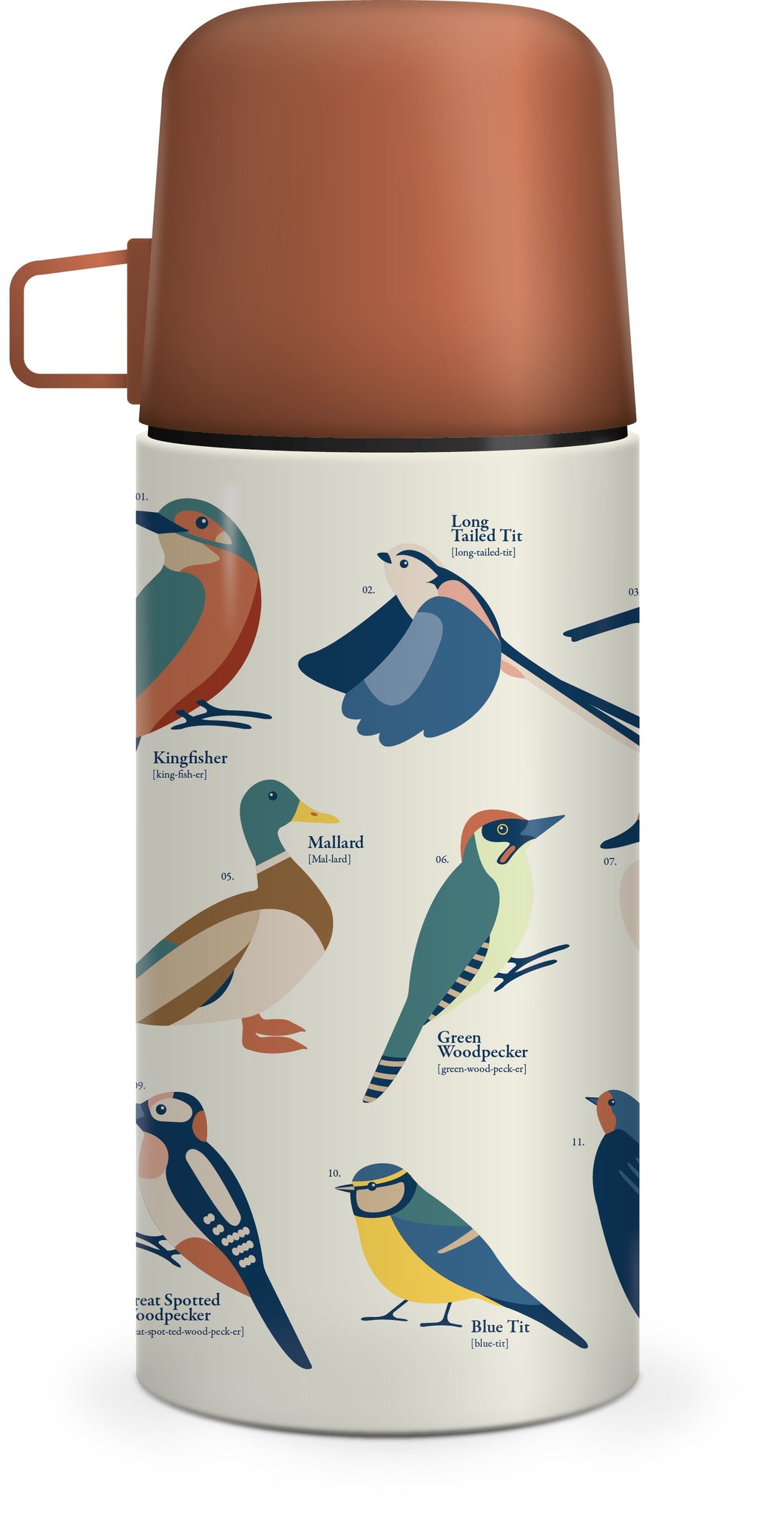 Flask is off white with colourful illustrations of birds with their names written beside them. Lid/Cup is a burnt orange colour.