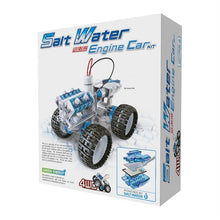 Load image into Gallery viewer, White cardboard box packaging features a picture of the car and a diagram in the bottom right with the words &quot;powered by salt water&quot;
