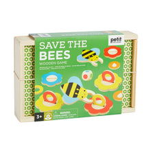 Load image into Gallery viewer, The box reads &#39;Save the Bees Wooden Game&#39;. There&#39;s an eco-friendly certification, a &#39;3+&#39; icon and a choking hazard warning. The box is entirely wooden with a string holding the sides together and a cardboard wrap.

