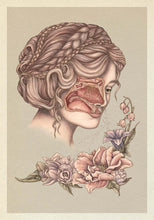 Load image into Gallery viewer, Postcard features drawing of a woman smelling flowers with scent system exposed. 
