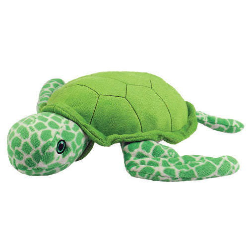 Sea turtle lies with arms and neck extended. Shell is crossed with black lines. Legs and head are pale beige with bright green spots. Shell is same light green. Eyes are light green. Tail cannot be seen in photo.