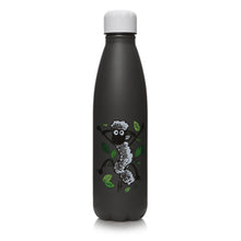 Load image into Gallery viewer, Shaun the Sheep Aardman insulated metal water bottle features Shaun jumping surrounded by green leaves. The bottle is a dark grey with a white lid.
