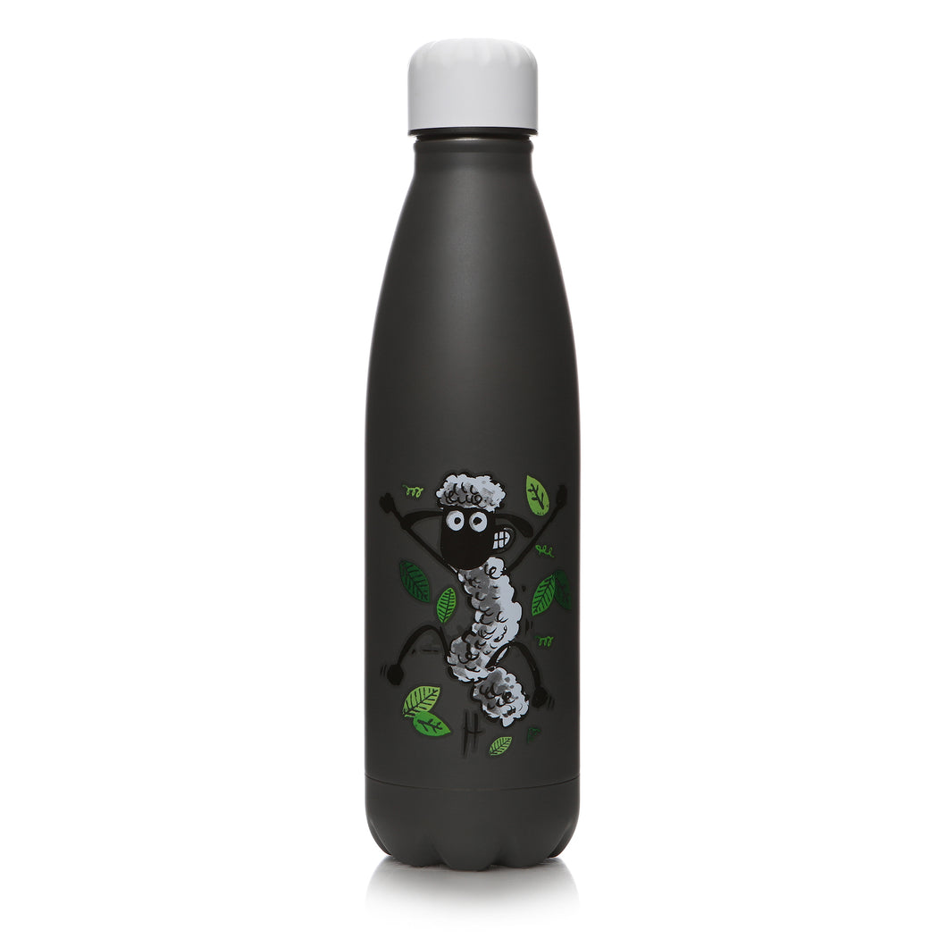 Shaun the Sheep Aardman insulated metal water bottle features Shaun jumping surrounded by green leaves. The bottle is a dark grey with a white lid.