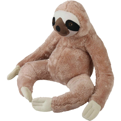 sloth sat with legs extending in front and arms to side. Spine is in hunched position with neck & head jutting forward. Sloth is mostly light brown, with cream hands and feet. Face is framed cream with black framed brown eyes, and brown framed black nose.